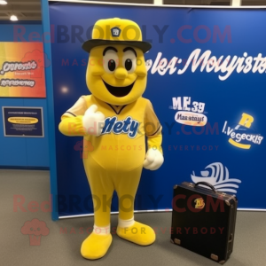 Yellow Baseball Glove mascot costume character dressed with a Jeans and Briefcases