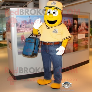 Yellow Baseball Glove mascot costume character dressed with a Jeans and Briefcases