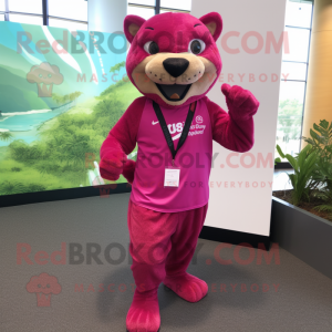 Magenta Jaguarundi mascot costume character dressed with a Running Shorts and Necklaces