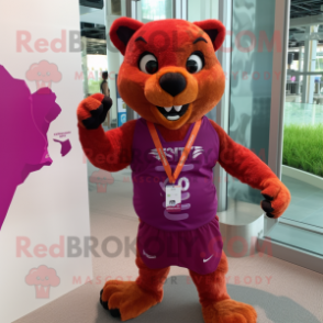 Magenta Jaguarundi mascot costume character dressed with a Running Shorts and Necklaces