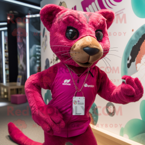 Magenta Jaguarundi mascot costume character dressed with a Running Shorts and Necklaces