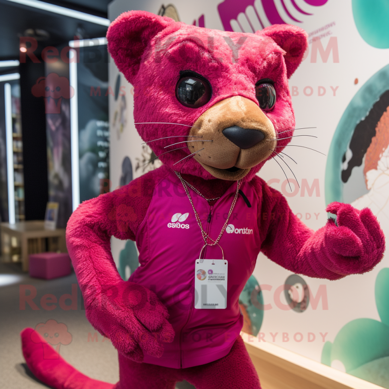 Magenta Jaguarundi mascot costume character dressed with a Running Shorts and Necklaces