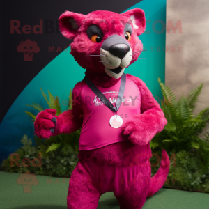Magenta Jaguarundi mascot costume character dressed with a Running Shorts and Necklaces