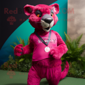 Magenta Jaguarundi mascot costume character dressed with a Running Shorts and Necklaces