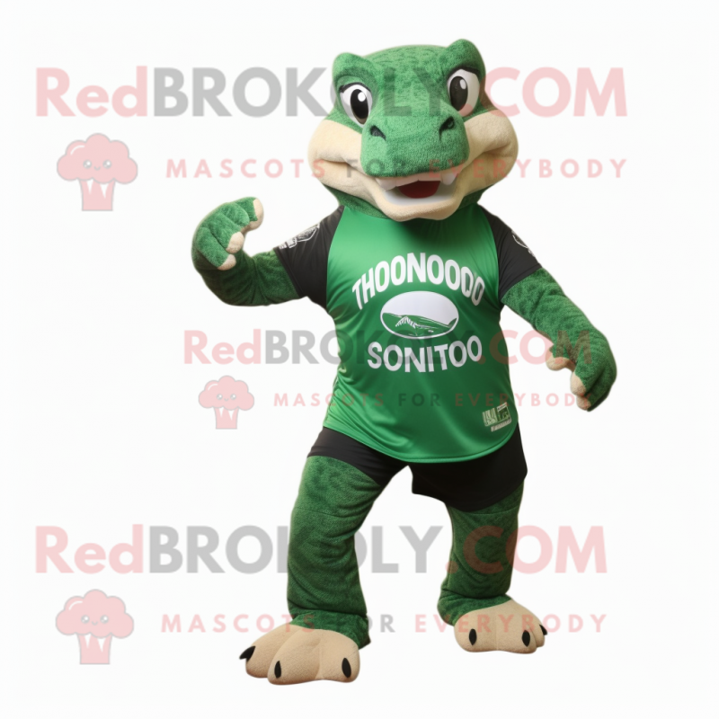 Forest Green Komodo Dragon mascot costume character dressed with a Running Shorts and Wraps Forest Green Komodo Dragon mascot costume character dressed with a Running Shorts and Wraps