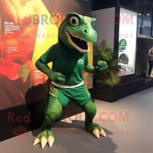Forest Green Komodo Dragon mascot costume character dressed with a Running Shorts and Wraps