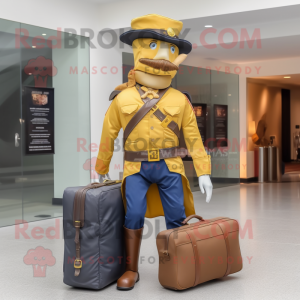 Gold Civil War Soldier mascot costume character dressed with a Bootcut Jeans and Briefcases