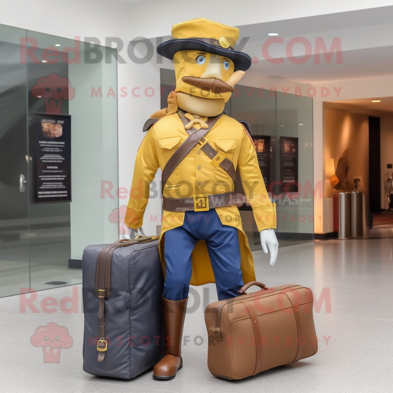 Gold Civil War Soldier mascot costume character dressed with a Bootcut Jeans and Briefcases Gold Civil War Soldier mascot costume character dressed with a Bootcut Jeans and Briefcases