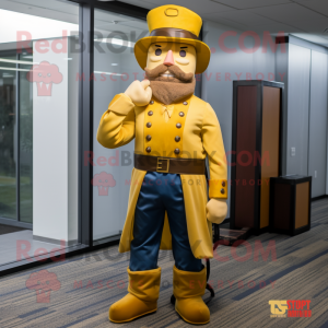 Gold Civil War Soldier mascot costume character dressed with a Bootcut Jeans and Briefcases