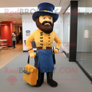 Gold Civil War Soldier mascot costume character dressed with a Bootcut Jeans and Briefcases