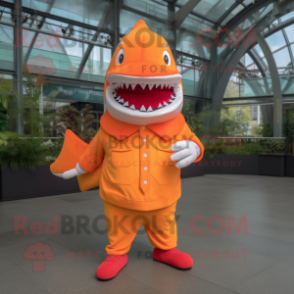 Orange Shark mascot costume character dressed with a Coat and Berets