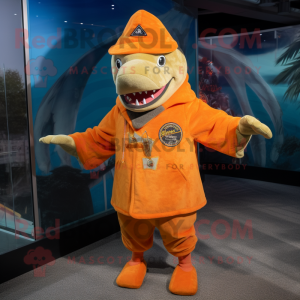 Orange Shark mascot costume character dressed with a Coat and Berets