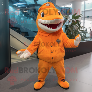 Orange Shark mascot costume character dressed with a Coat and Berets