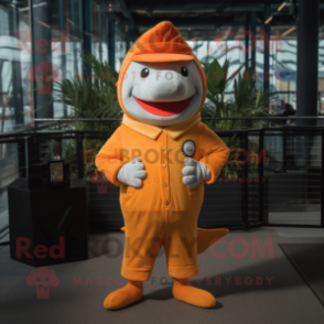 Orange Shark mascot costume character dressed with a Coat and Berets