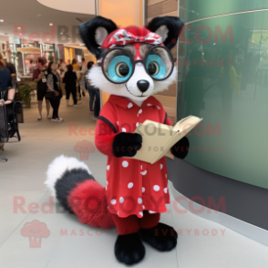 Red Civet mascot costume character dressed with a A-Line Dress and Reading glasses