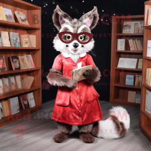 Red Civet mascot costume character dressed with a A-Line Dress and Reading glasses
