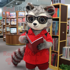 Red Civet mascot costume character dressed with a A-Line Dress and Reading glasses