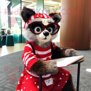 Red Civet mascot costume character dressed with a A-Line Dress and Reading glasses