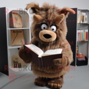 Brown Woolly Rhinoceros mascot costume character dressed with a Pleated Skirt and Reading glasses