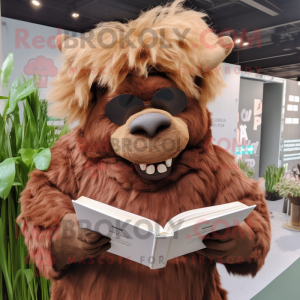 Brown Woolly Rhinoceros mascot costume character dressed with a Pleated Skirt and Reading glasses