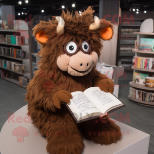 Brown Woolly Rhinoceros mascot costume character dressed with a Pleated Skirt and Reading glasses