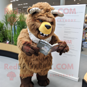 Brown Woolly Rhinoceros mascot costume character dressed with a Pleated Skirt and Reading glasses