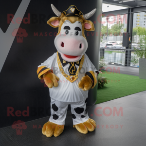 Gold Holstein Cow mascot costume character dressed with a Playsuit and Suspenders