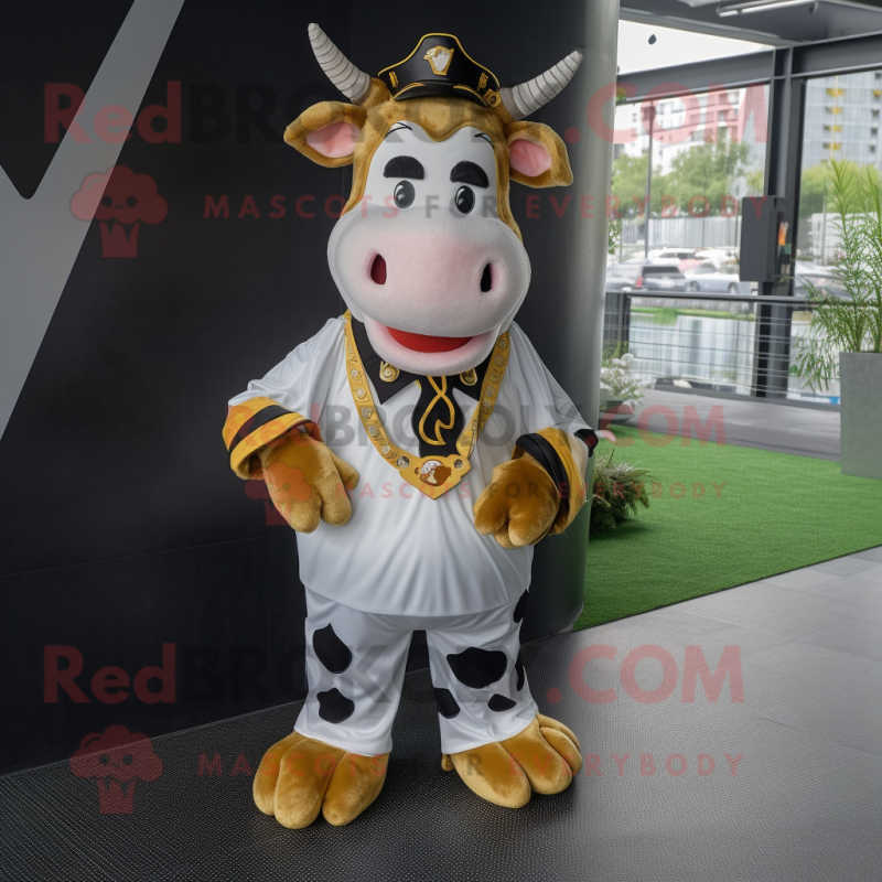 Gold Holstein Cow mascot costume character dressed with a Playsuit and Suspenders Gold Holstein Cow mascot costume character dressed with a Playsuit and Suspenders