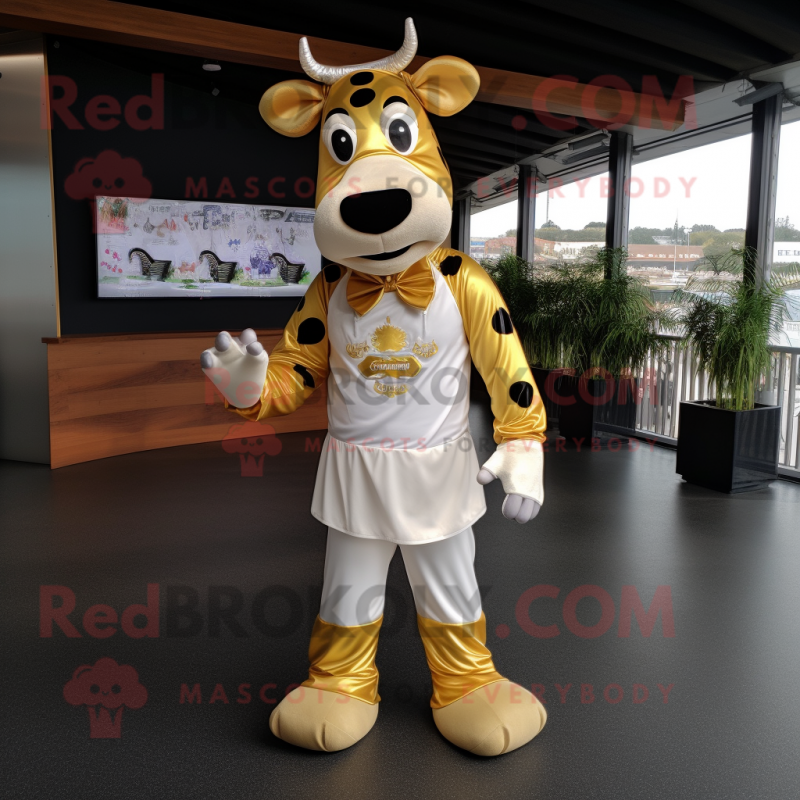 Gold Holstein Cow mascot costume character dressed with a Playsuit and Suspenders Gold Holstein Cow mascot costume character dressed with a Playsuit and Suspenders