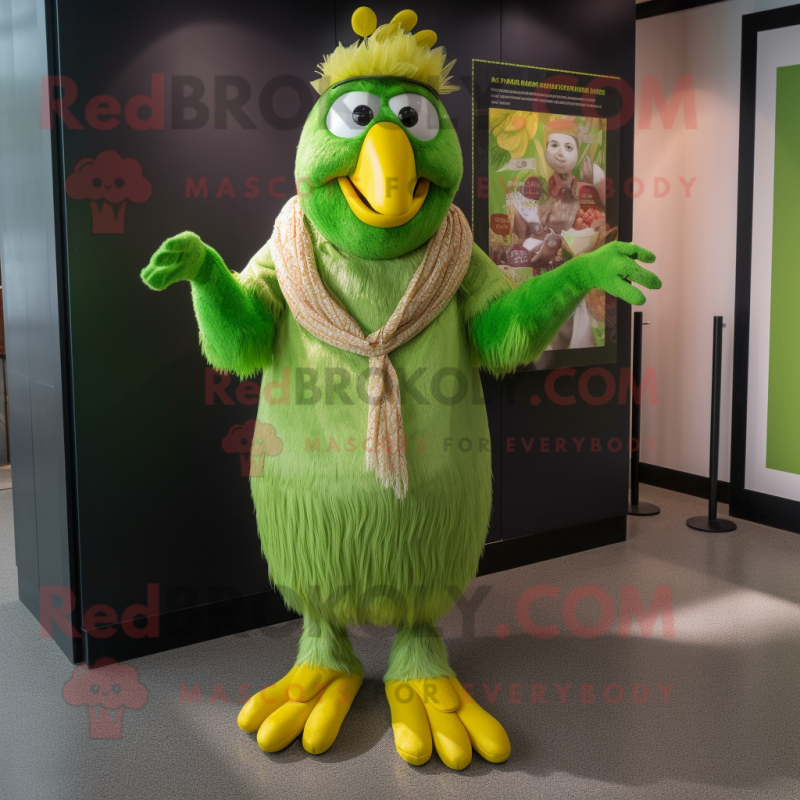 Lime Green Tandoori Chicken mascot costume character dressed with a Jacket and Bracelets
