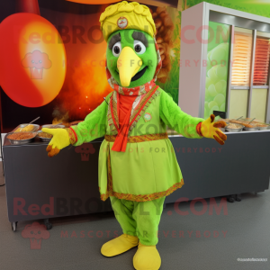 Lime Green Tandoori Chicken mascot costume character dressed with a Jacket and Bracelets