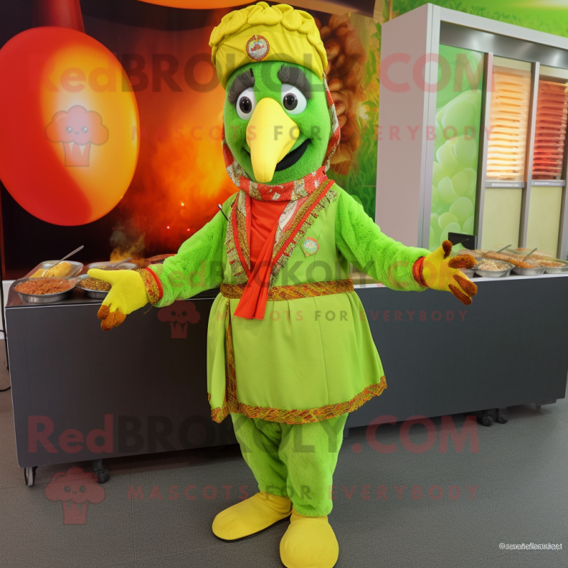 Lime Green Tandoori Chicken mascot costume character dressed with a Jacket and Bracelets