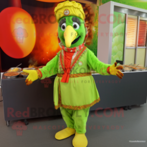 Lime Green Tandoori Chicken mascot costume character dressed with a Jacket and Bracelets