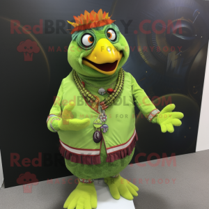 Lime Green Tandoori Chicken mascot costume character dressed with a Jacket and Bracelets
