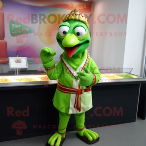 Lime Green Tandoori Chicken mascot costume character dressed with a Jacket and Bracelets