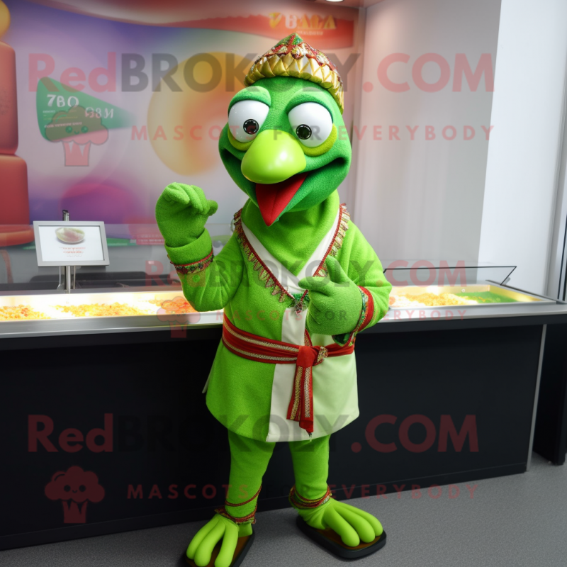 Lime Green Tandoori Chicken mascot costume character dressed with a Jacket and Bracelets Lime Green Tandoori Chicken mascot costume character dressed with a Jacket and Bracelets