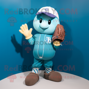 Cyan Baseball Glove mascot costume character dressed with a Dungarees and Clutch bags