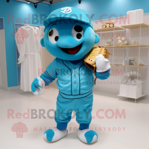 Cyan Baseball Glove mascot costume character dressed with a Dungarees and Clutch bags