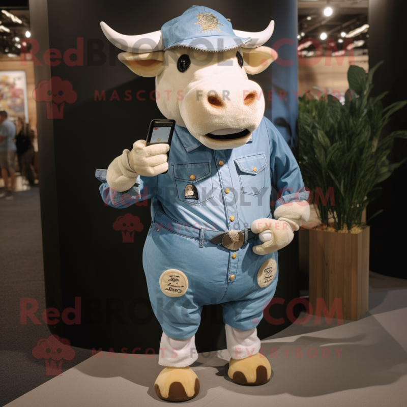 Beige Bull mascot costume character dressed with a Denim Shorts and Digital watches