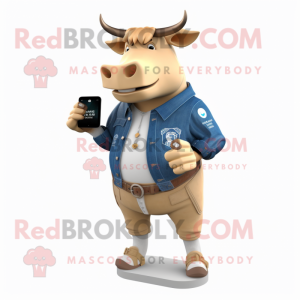 Beige Bull mascot costume character dressed with a Denim Shorts and Digital watches