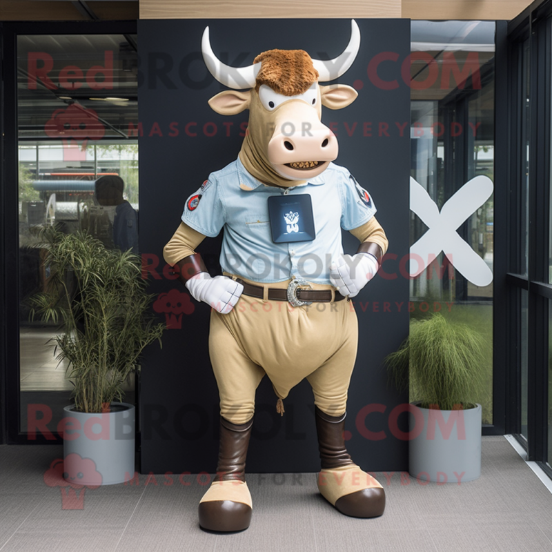 Beige Bull mascot costume character dressed with a Denim Shorts and Digital watches Beige Bull mascot costume character dressed with a Denim Shorts and Digital watches