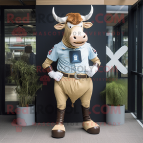 Beige Bull mascot costume character dressed with a Denim Shorts and Digital watches