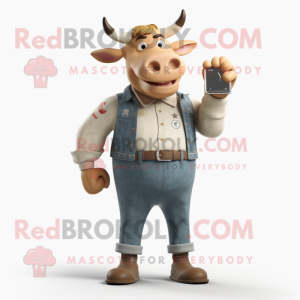 Beige Bull mascot costume character dressed with a Denim Shorts and Digital watches
