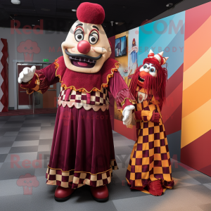 Maroon Clown mascot costume character dressed with a Evening Gown and Ties