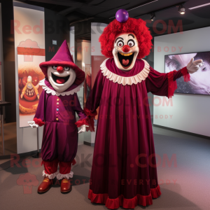 Maroon Clown mascot costume character dressed with a Evening Gown and Ties