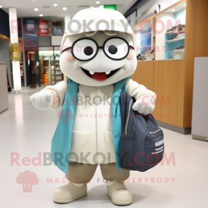 nan Ray mascot costume character dressed with a Jacket and Messenger bags