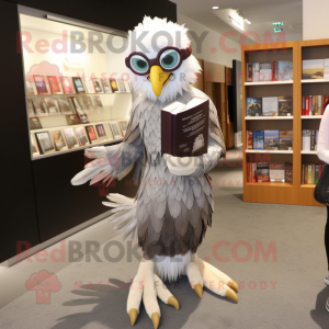 Silver Haast'S Eagle mascot costume character dressed with a Evening Gown and Eyeglasses