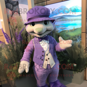 Lavender Cod mascot costume character dressed with a Waistcoat and Mittens