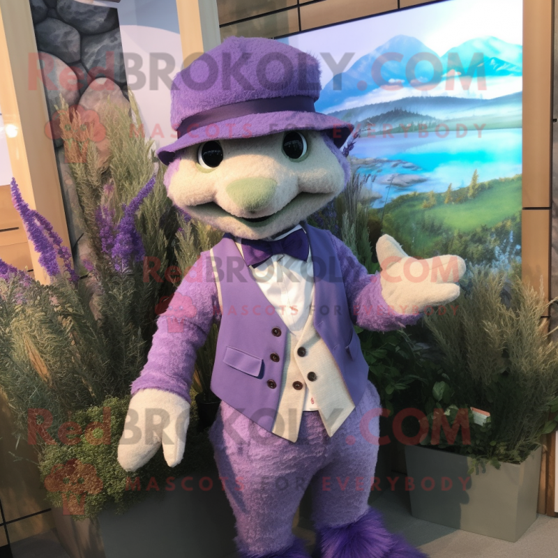 Lavender Cod mascot costume character dressed with a Waistcoat and Mittens Lavender Cod mascot costume character dressed with a Waistcoat and Mittens