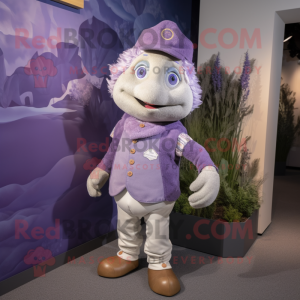 Lavender Cod mascot costume character dressed with a Waistcoat and Mittens